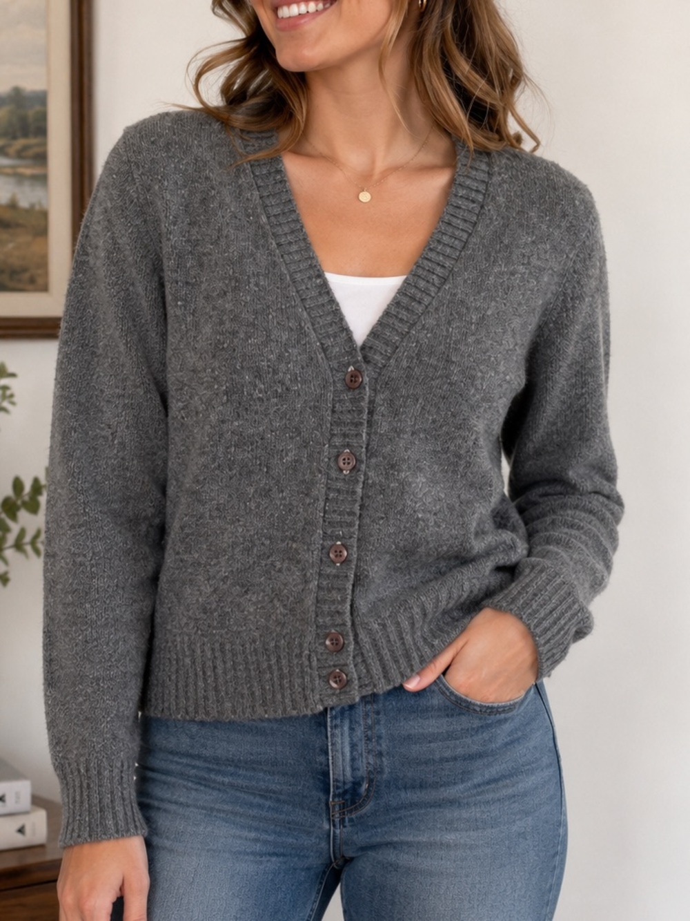 Vintage Sears Shetland Wool Cardigan Gray Button Front USA Made Size 38